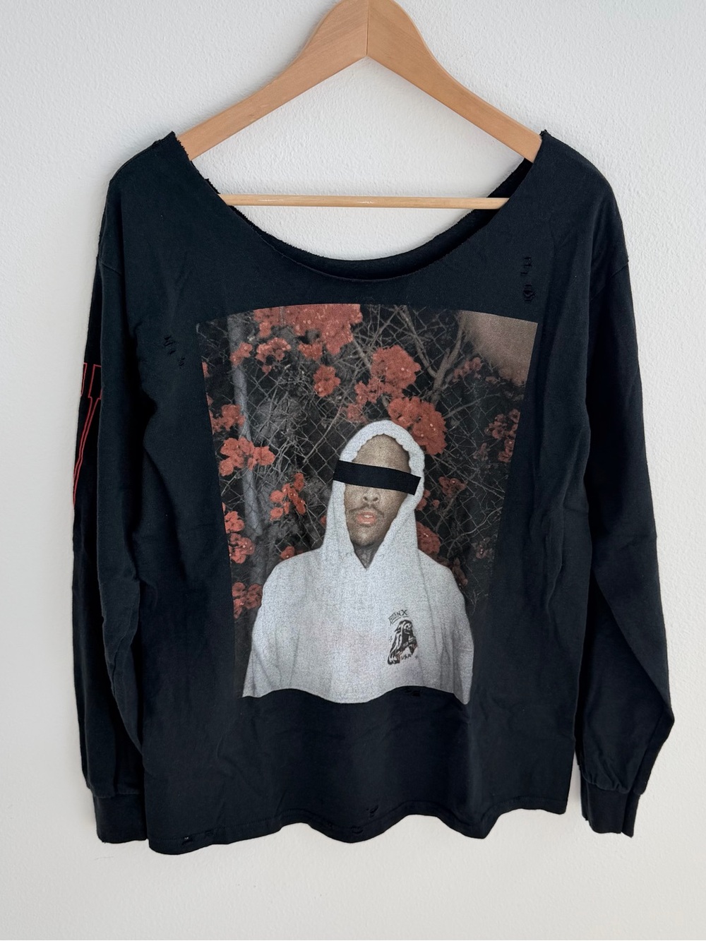 YG Black Destroyed long sleeve off the shoulder T-shirt.